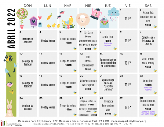 April 2022 Library Events Calendar - ES